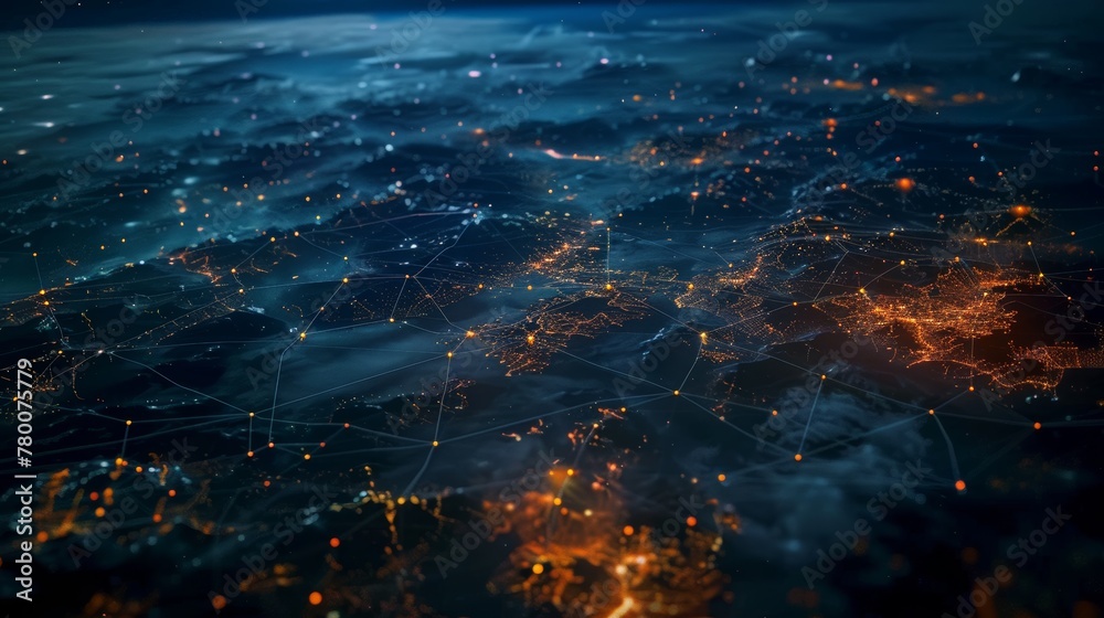 Night view of the city from space, glowing blue lights on global network connections and roads around it with connecting lines to other cities, glowing background, black sky, aerial view