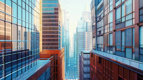 Cityscape of tall buildings with glass facades  showcasing the u