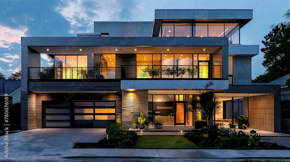 Fototapeta premium Modern villa with black exterior and white accents, featuring an