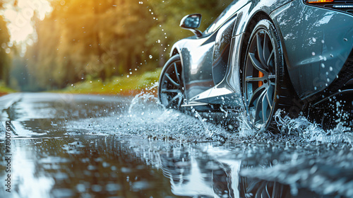 Sleek speed in motion: Close-up of a luxurious supercar's wheels gracefully navigating through water on the road. Capturing the elegance of the vehicle's design, water splashes add a dynamic touch, © Pixelbus