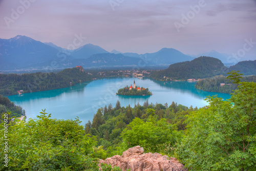 Sunset panorama of Bled lake in Slovenia