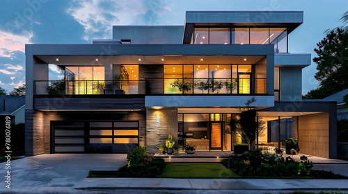 Modern villa with black exterior and white accents, featuring an © Darko