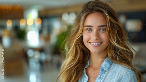 Portrait of beautiful young woman smiling and looking at camera in cafe photo
