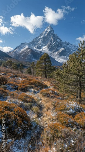 Snow Covered Mountain With Trees and Grass