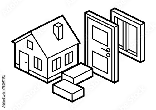 Image of cottage and repair. Real estate illustration in isometry style.
