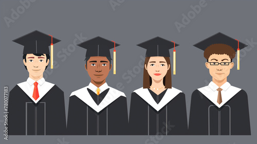 Flat illustration of five different multiethnic graduates in black caps and gowns with diplomas on a gray background. From copy space