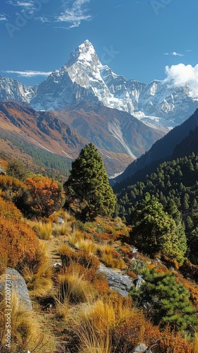 Snow Covered Mountain With Trees and Grass