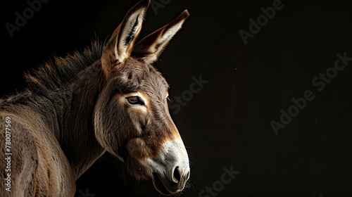 portrait of a donkey, photo studio set up with key light, isolated with black background and copy space  photo