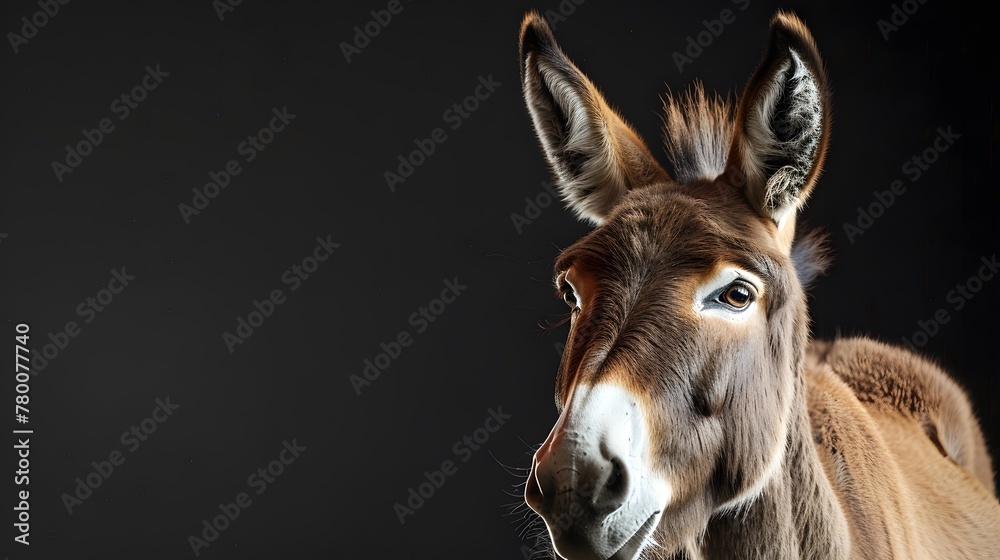 portrait of a donkey, photo studio set up with key light, isolated with black background and copy space 