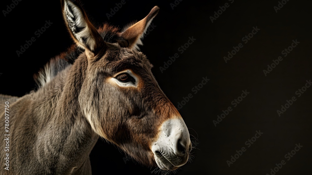 portrait of a donkey, photo studio set up with key light, isolated with black background and copy space portrait of a donkey, photo studio set up with key light, isolated with black background and copy space