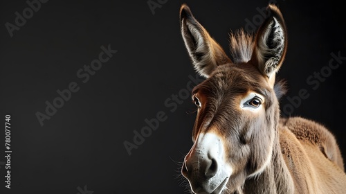 portrait of a donkey  photo studio set up with key light  isolated with black background and copy space 