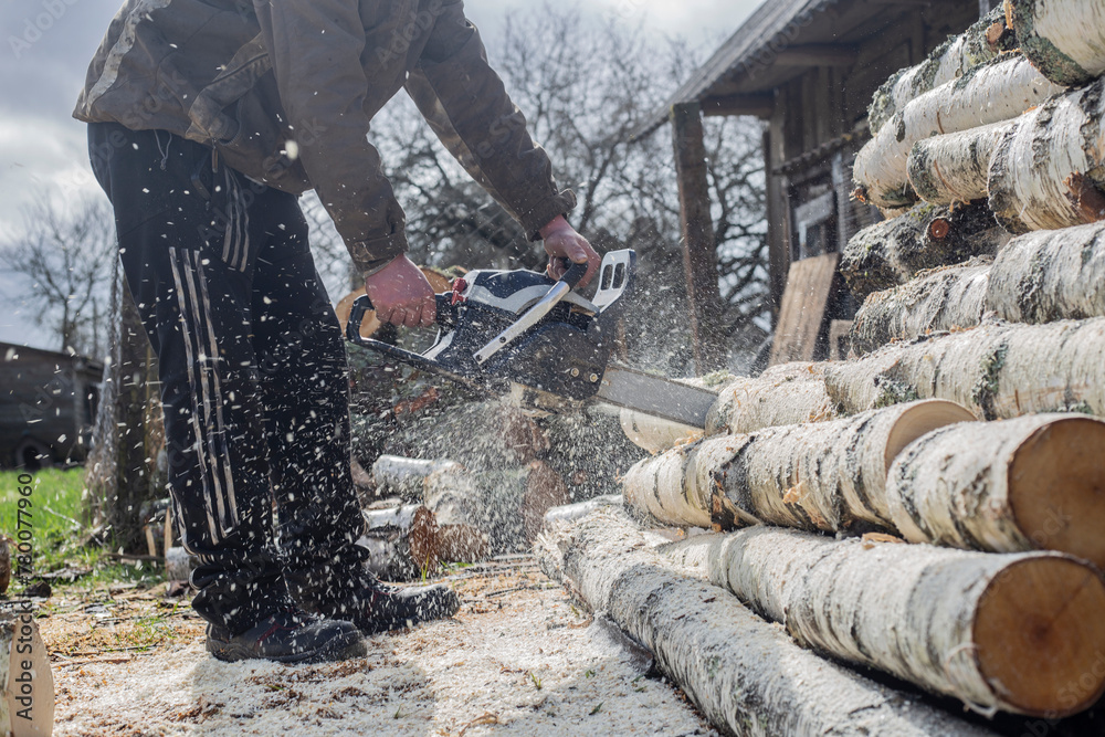Man sawing a birch trunk with a chainsaw. Man sawing a birch trunk with a chainsaw.