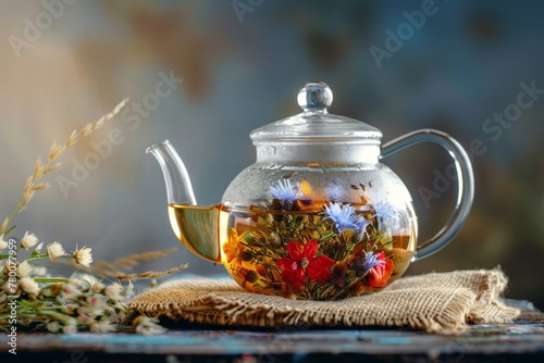 Natural aromatic flower tea in transparent teapot on dark blurred background. Herbal tea with wildflowers for health. Herbal medicine and homeopathy concept. Folk medicine banner, poster photo