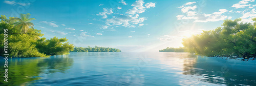Serene Lake View with Crystal Clear Waters, Peaceful Landscape under Blue Sky, Tranquility and Beauty of Nature Outdoors