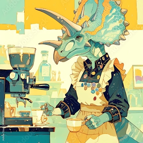 Ancient Zuniceratops Reimagined as a Talented Barista Behind the Counter of a Cozy Cafe photo