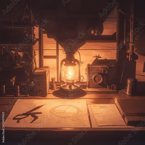 A well-lit workbench at night with an oil lamp casting a warm glow over tools and papers. A place of creativity and craftsmanship  evoking the spirit of late-night inventors and artists.