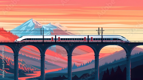 A modern high-speed train crosses an old bridge. A modern train travels by rail to the lobby of a beautiful mountain landscape. Vector illustration of train travel. Vector.