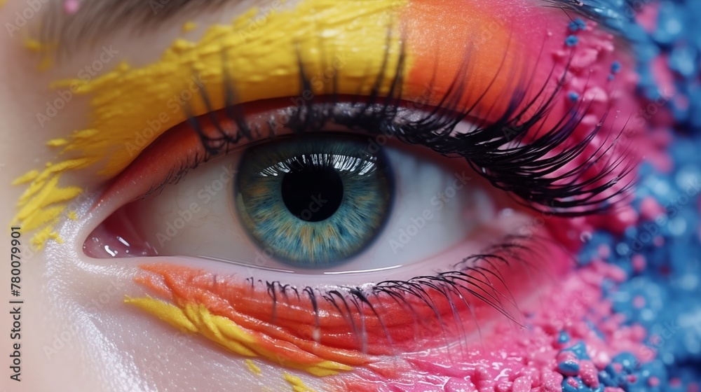 Close up view of female eye with multicolored eyeball and colorful makeup powder.