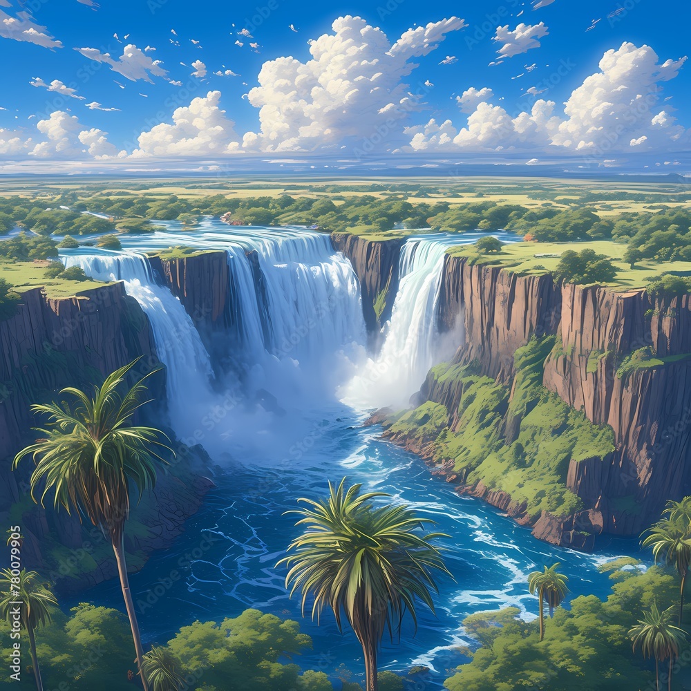 Majestic Waterfall Scenery - Awe-Inspiring Victoria Falls Panorama - obrazy, fototapety, plakaty 