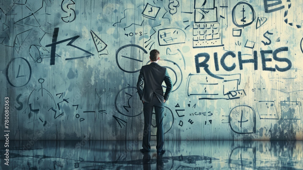 Business concept, businessman seen from behind, writing on a wall Business concept, businessman seen from behind, writing on a wall