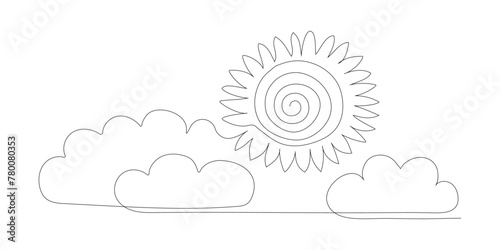 Continuous one line sun cloud art. Single line sketch sunny summer travel concept. Nature cloudy sky weather element, vector illustration