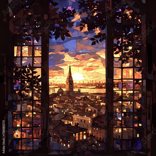 Vibrant Stained Glass Depiction of a City at Sunrise, Featuring Historic Buildings and Ships on the River. A Window to the World. photo