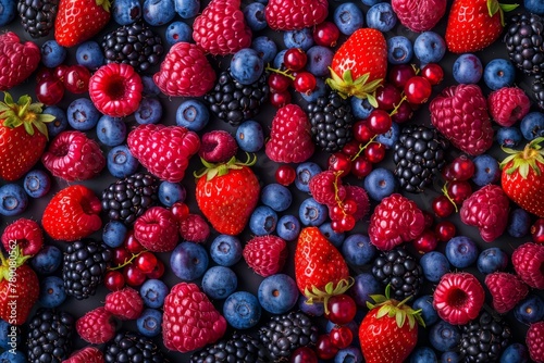 Forest fruit berries overhead assorted mix in studio on dark background with raspberries, blackberries, blueberries, red currant.