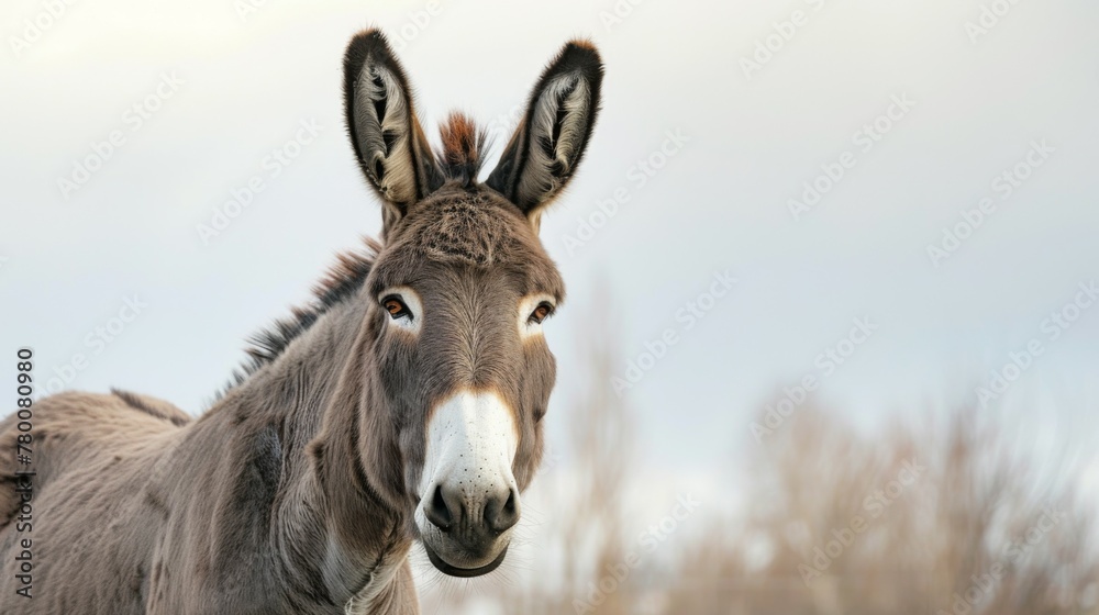Close-up of a calm donkey with attentive ears and expressive eyes in nature