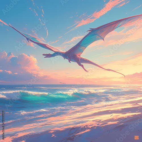 Majestic Quetzalcoatlus Gliding Above Waves at Dusk photo