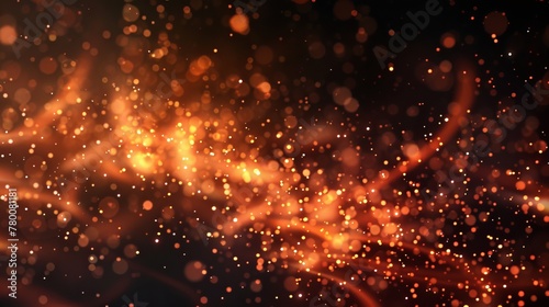 Tiny glowing bits resembling embers floating on a black background. It's like a backdrop filled with fiery sparks. This abstract scene features dark glittering lights akin to those from a bonfire