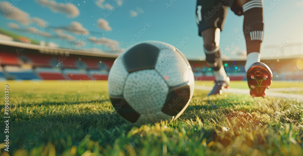 Football player in boots kicking a soccer ball, goal moment on the stadium
Football player in boots kicking a soccer ball, goal moment on the stadium