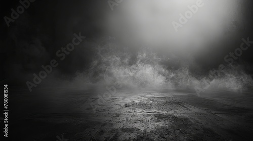 Abstract Image of a Dark Room with Concrete Floor: Black Room or Stage Background for Product Placement. Panoramic View of Abstract Fog: White Cloudiness, Mist, or Smog Moving on a Black Background."