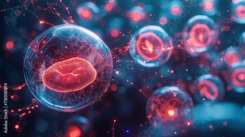 Futuristic Visualization of Cellular Structures. Digital illustration of cells with dynamic connections in a microcosmic environment.