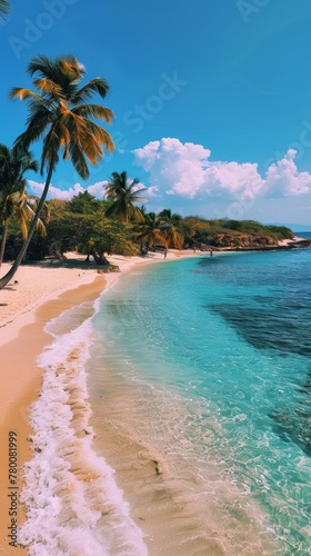 Sandy Beach With Palm Trees and Clear Blue Water