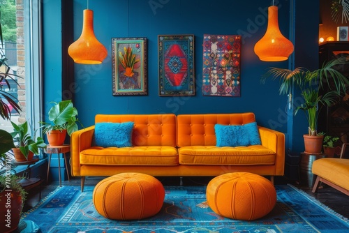 Modern Living Room With Orange and Blue Furniture