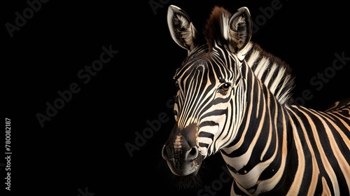portrait of a zebra  photo studio set up with key light  isolated with black background and copy space