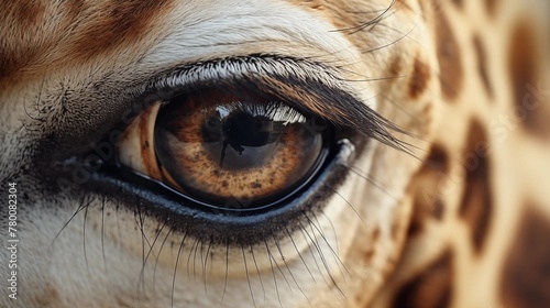 Extreme close up of giraffe eyes front view looking at camera banner with copy space.