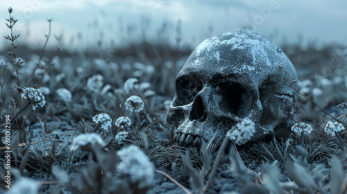 The image shows a human skull in a frost-covered field, symbolizing mortality, time, and impermanence photo