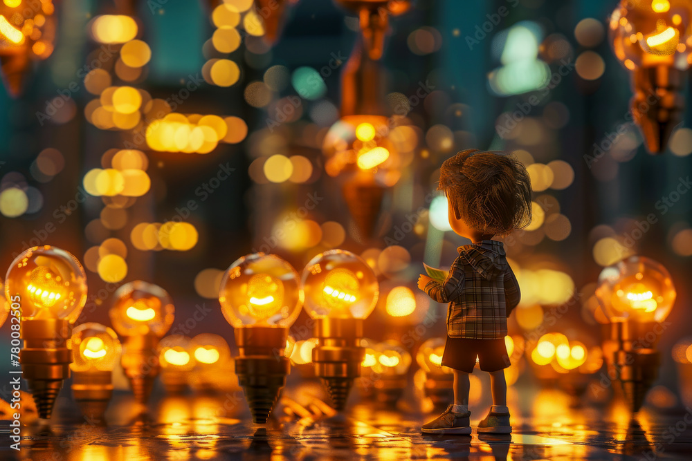 A toddler stands in awe among oversize glowing light bulbs, evoking wonder and the vastness of imagination