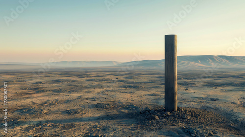 A single solemn column stands tall amidst a desolate desert landscape, symbolizing solitude and resilience