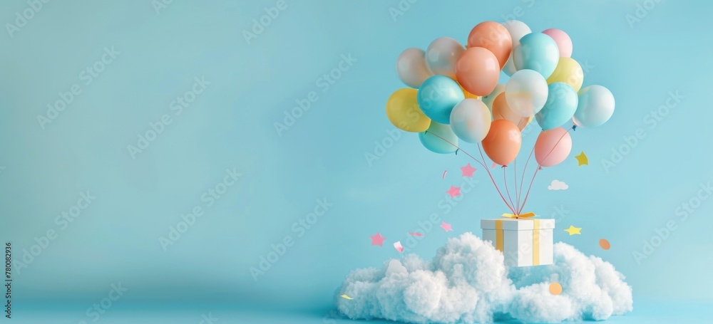 A delightful 3D illustration of a gift box gliding above the clouds, buoyed by vibrant balloons, conveying a feeling of happiness and adventure.
 - obrazy, fototapety, plakaty 