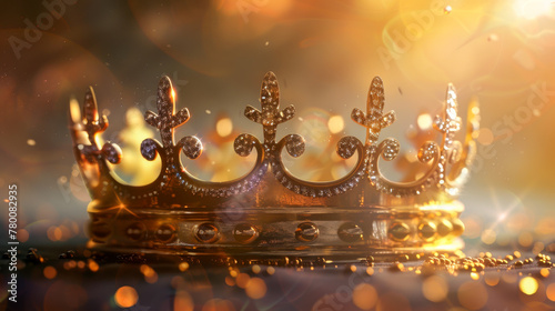 A close-up of a regal golden crown adorned with sparkling jewels, reflecting light and suggesting royalty or achievement photo
