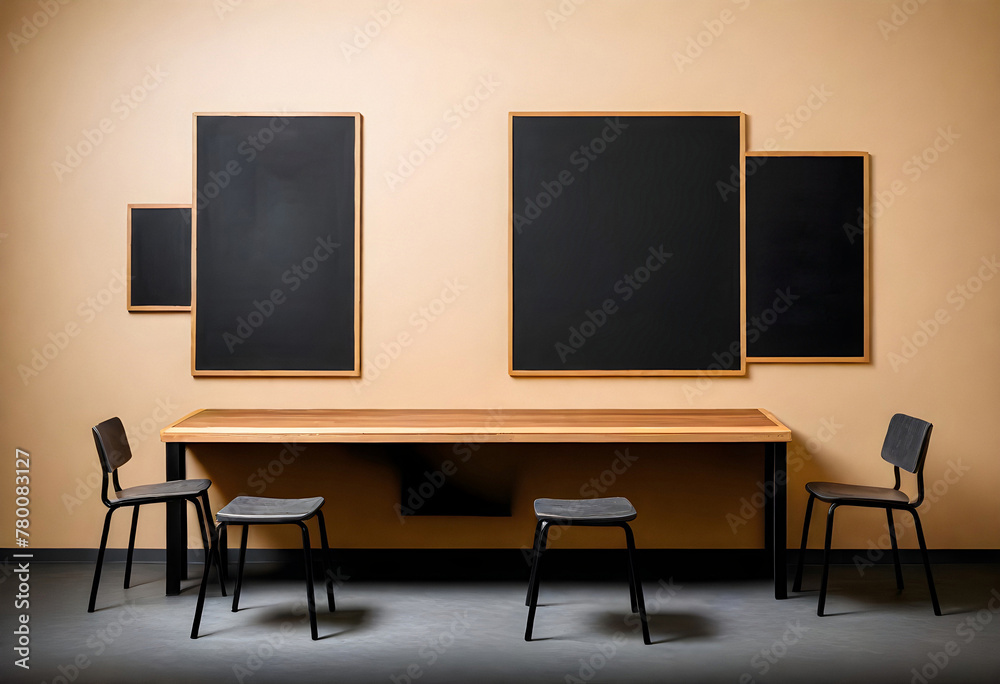 a table with chairs and four blackboards a table with chairs and four blackboards