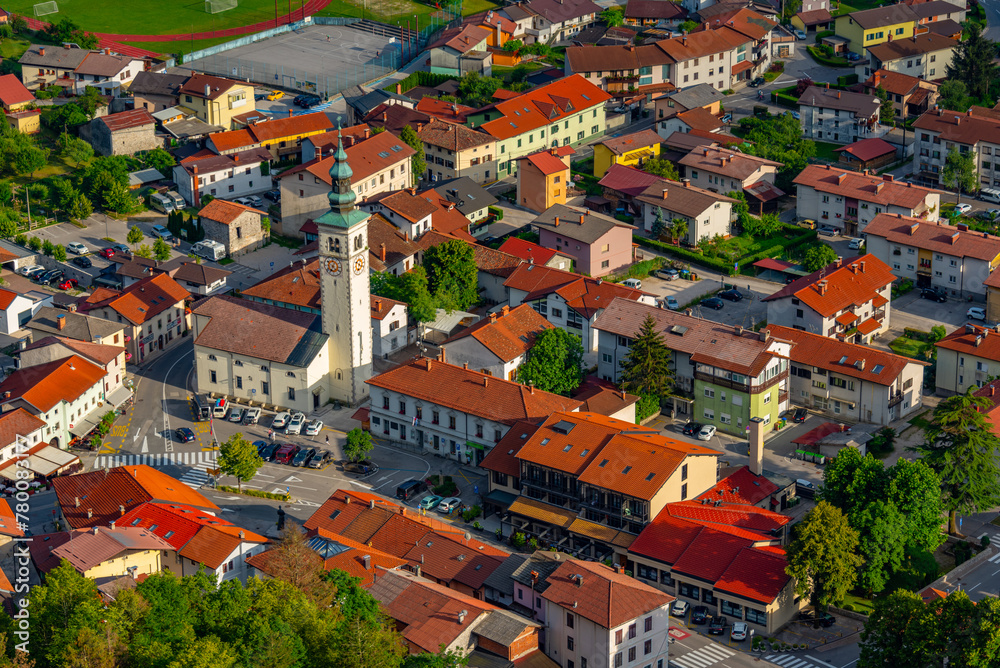 Obraz premium Aerial view of Slovenian town Kobarid