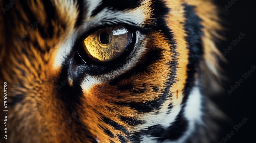 Extreme close up of tiger eyes front view looking at camera banner with copy space.