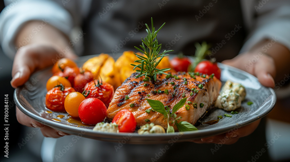 Restaurant service. chef hand hold plate Fresh healthy food. Restaurant service. chef hand hold plate Fresh healthy food.