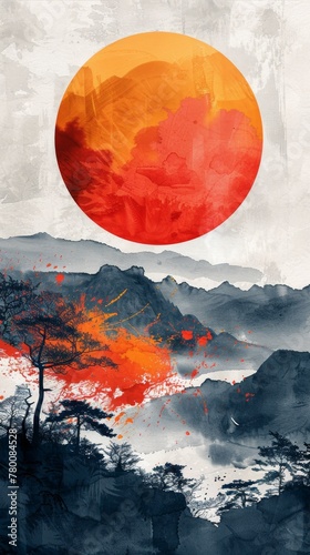 A Painting of a Sunset Over a Mountain Range