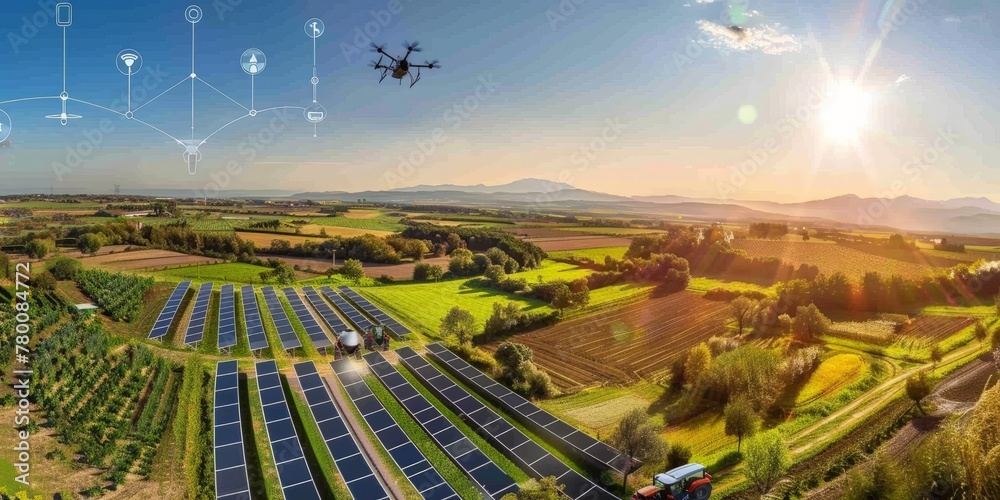 A panoramic view of a smart farm with solar panels and modern agriculture technology