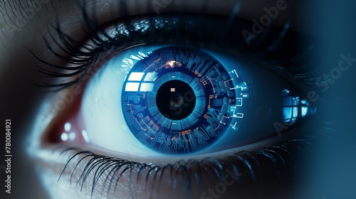 he closeup of the human eye with elements of the virtual hologram interface for observation and digital personality verification or for Lasikoperations for visio. photo