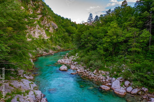 Sunset view over Soca river in Slovenia photo